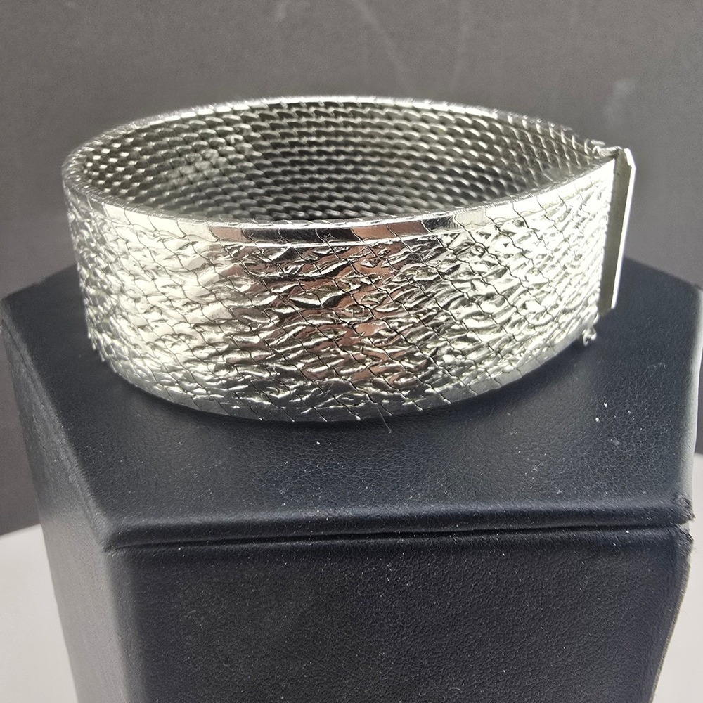 Vintage Monet Bracelet Silver Tone Wide Textured Mesh Flex 7.25in